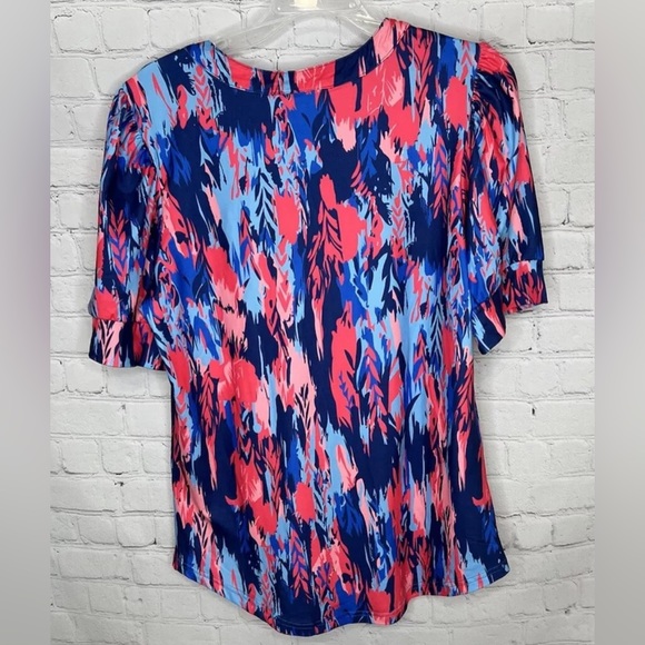 Liofoer New Women’s Top T-shirt 3 Button Front shorts Puff Sleeves L Blue Red - Picture 2 of 9